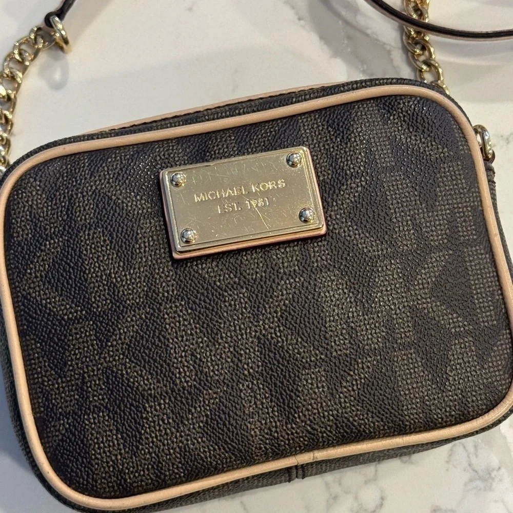 Michael Kors Dark Brown Monogram Camera Crossbody Bag with Gold Accents